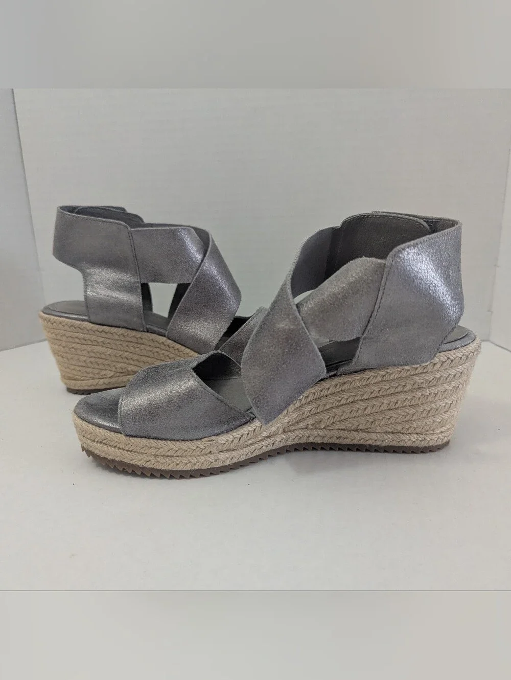 Eileen Fisher Willow Leather Metallic Gray Platform Sandal Open Toe Size 8.5 US